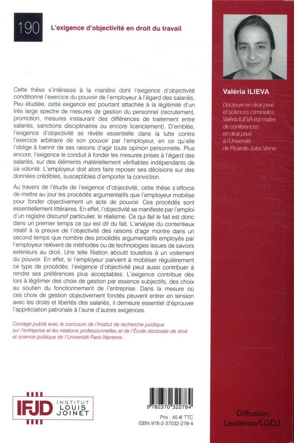 Quatrième de couverture de « L'EXIGENCE D'OBJECTIVITE EN DROIT DU TRAVAIL - TOME 190 »