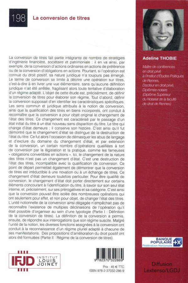 Quatrième de couverture de « LA CONVERSION DE TITRES - TOME 198 »