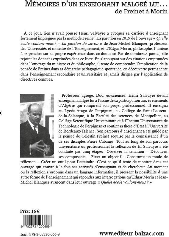 Quatrième de couverture de « MEMOIRES D'UN ENSEIGNANT MALGRE LUI - DE FREINET A MORIN »