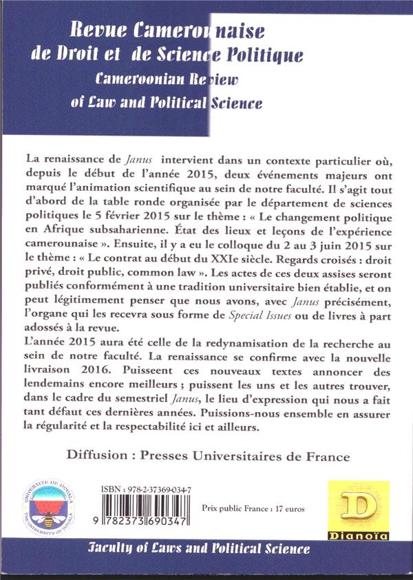 Quatrième de couverture de « REVUE CAMEROUNAISE DE DROIT ET SCIENCE POLITIQUE (JANUS 5) - VOL05 - CAMEROONIAN REVIEW OF LAW AND P »