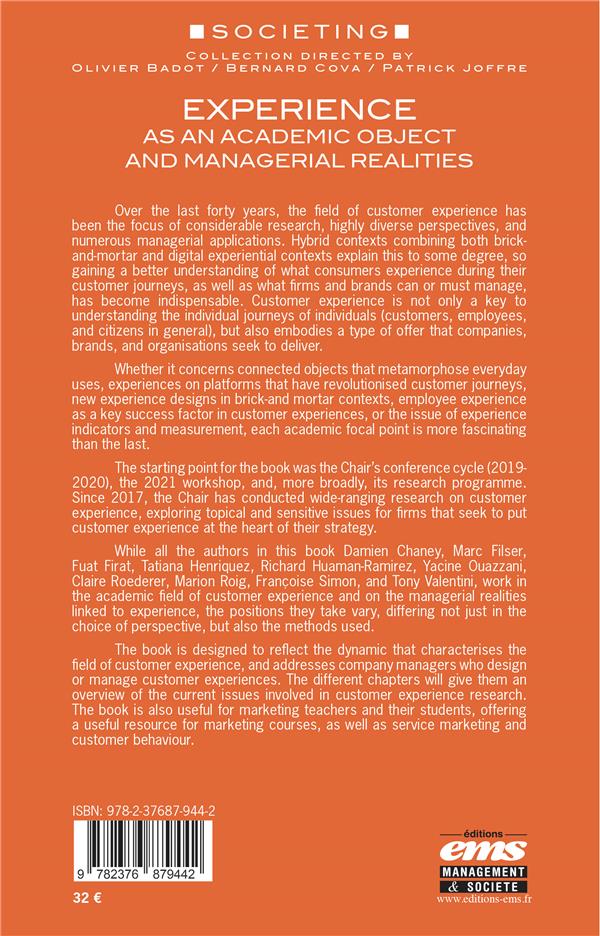 Quatrième de couverture de « EXPERIENCE AS AN ACADEMIC OBJECT AND MANAGERIAL REALITIES »