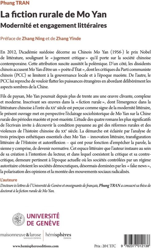 Quatrième de couverture de « La fiction rurale de Mo Yan : modernité et engagement littéraires »