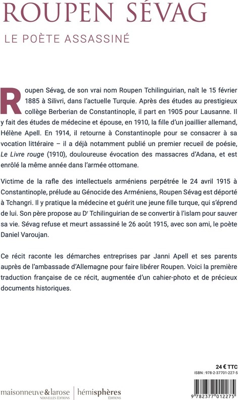 Quatrième de couverture de « Roupen Sévag, le poète assassiné : 26 août 1915 »