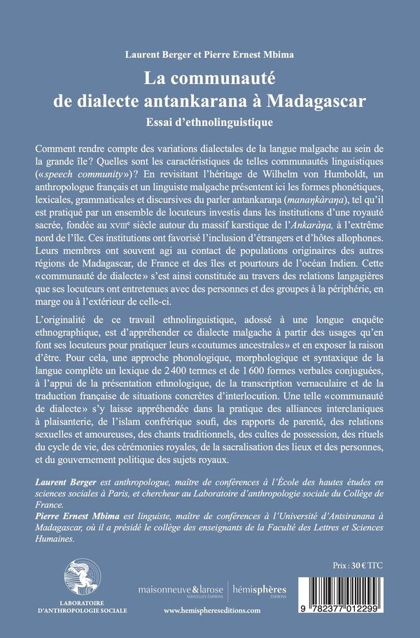 Quatrième de couverture de « La communauté de dialecte antankarana à Madagascar : essai d ethnolinguistique »