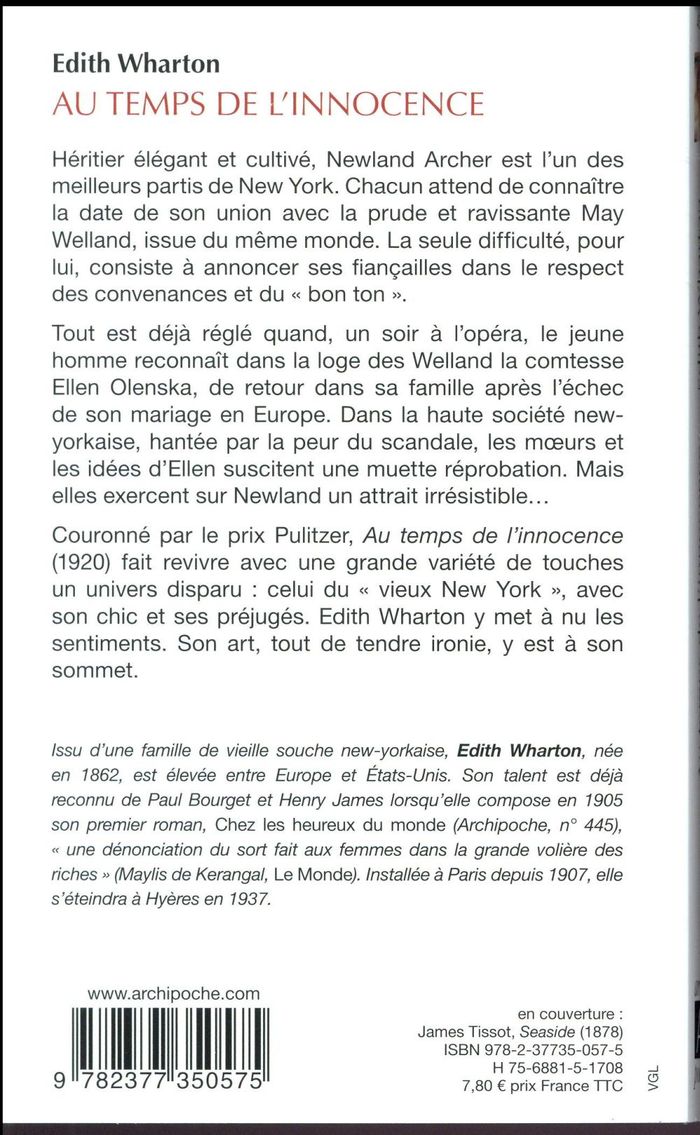 Quatrième de couverture de « Au temps de l'innocence »