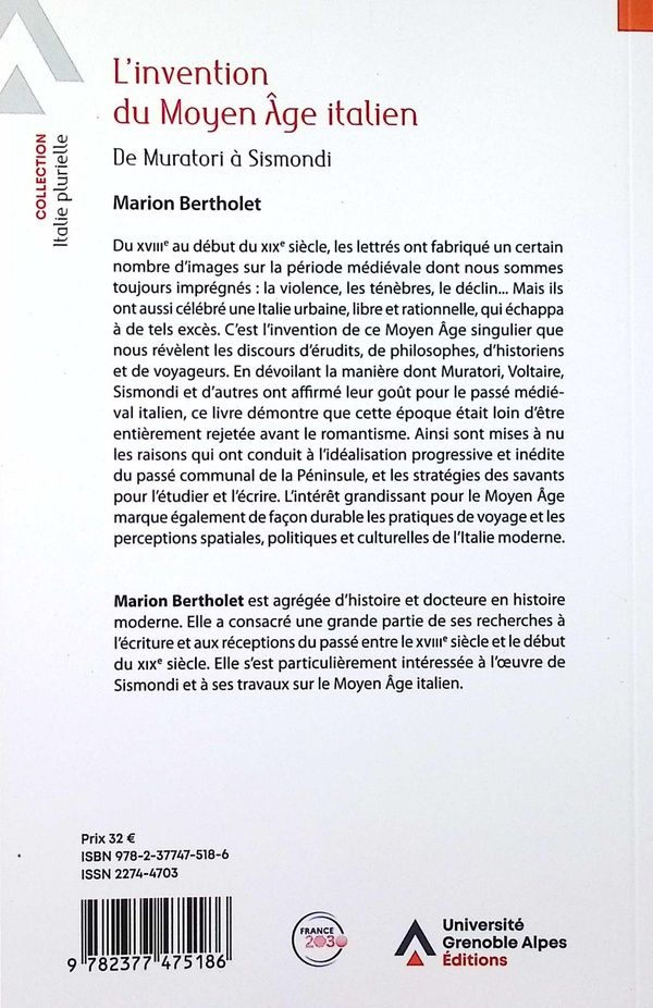 Quatrième de couverture de « L'invention du Moyen âge italien : de Muratori à Sismondi »