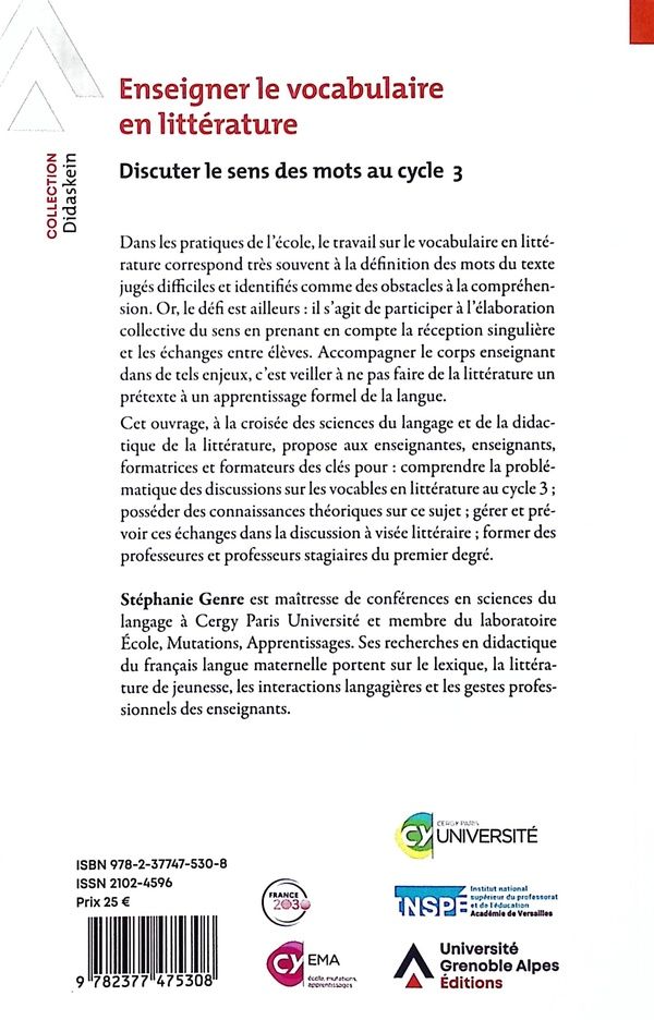Quatrième de couverture de « Enseigner le vocabulaire en littérature : discuter le sens des mots au cycle 3 »