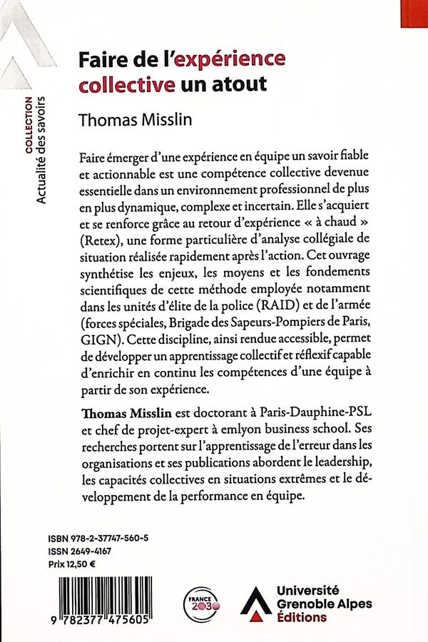 Quatrième de couverture de « Faire de l'expérience collective un atout : équipe, apprentissage, performance »