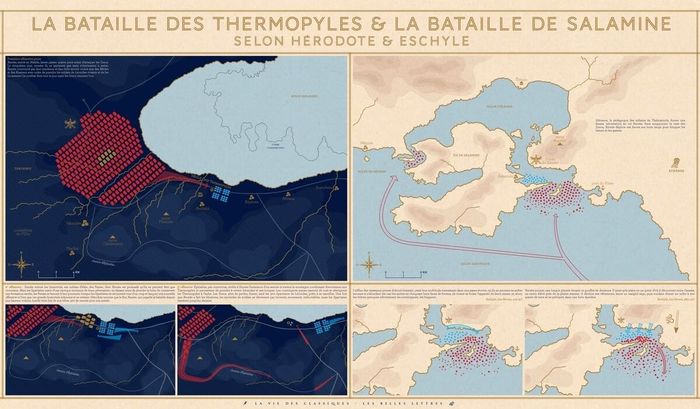 Couverture du livre « POSTER LA BATAILLE DES THERMOPYLES ET LA BATAILLE DE SALAMINE - SELON HERODOTE ET ESCHYLE » de Djohr, librairie Les Contes Infusés à Corte