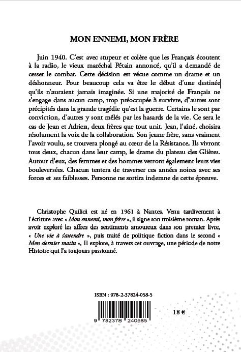Quatrième de couverture de « MON ENNEMI, MON FRERE »