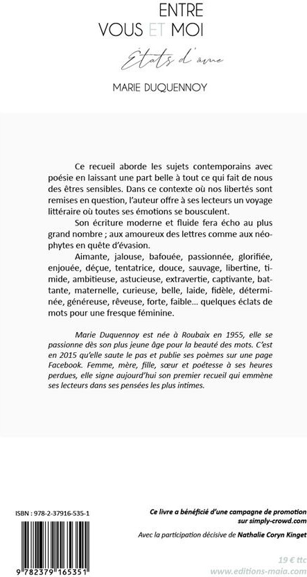 Quatrième de couverture de « ENTRE VOUS ET MOI - ETATS D'AME »
