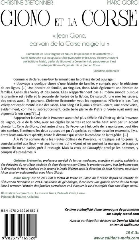Quatrième de couverture de « GIONO ET LA CORSE - JEAN GIONO, ECRIVAIN DE LA CORSE MALGRE LUI »