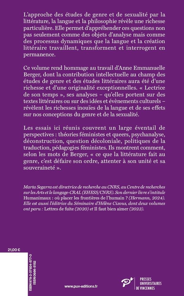 Quatrième de couverture de « Genre, sexualité, littérature : Anne Emmanuelle Berger, lectrice de son temps »