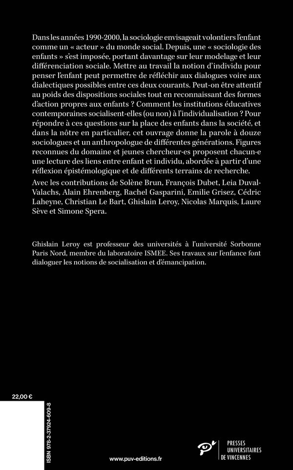 Quatrième de couverture de « Penser l'enfant comme individu : un défi sociologique »
