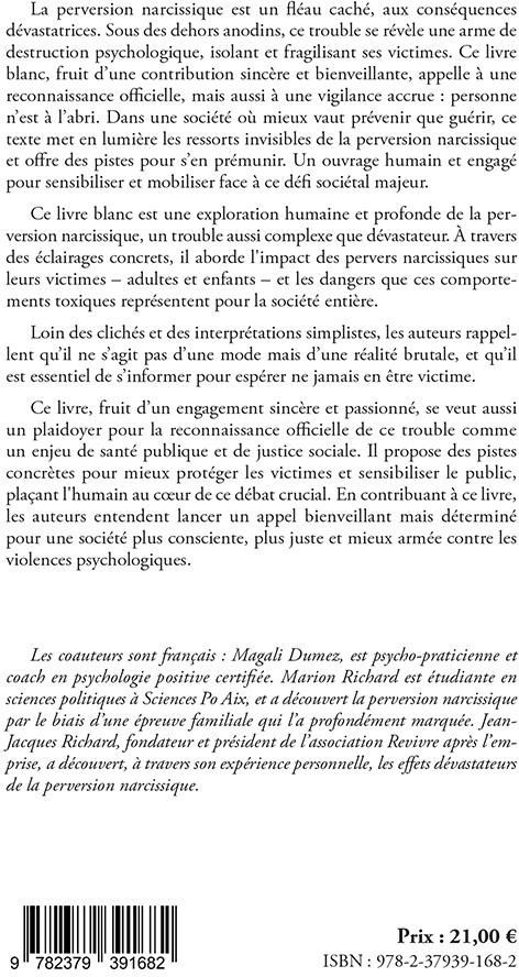 Quatrième de couverture de « Perversion narcissique, le livre blanc : un fléau caché, une urgence publique »