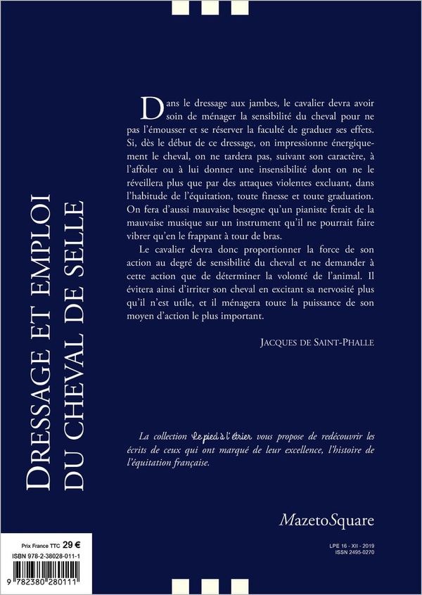 Quatrième de couverture de « DRESSAGE ET EMPLOI DU CHEVAL DE SELLE »