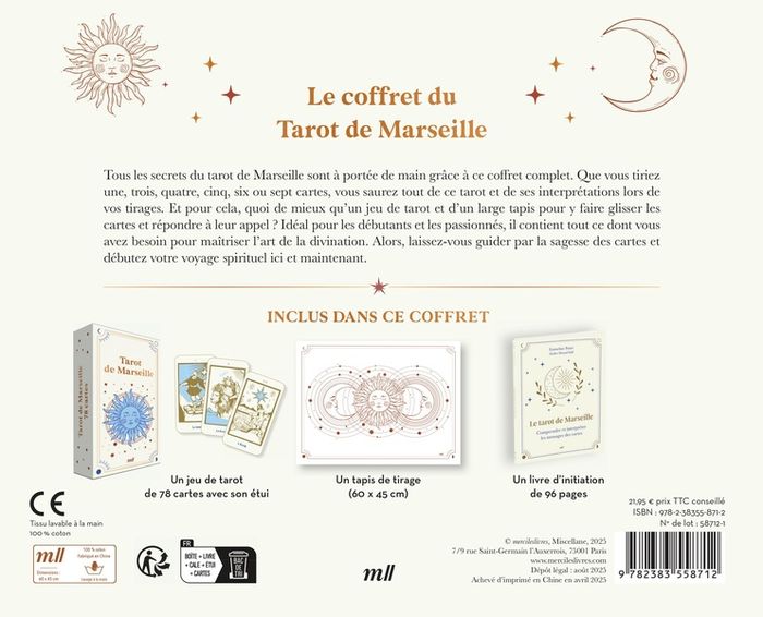 Quatrième de couverture de « LE COFFRET DU TAROT DE MARSEILLE - AVEC UN TAROT, UN TAPIS DE TIRAGE ET UN LIVRE POUR TOUT SAVOIR SU »