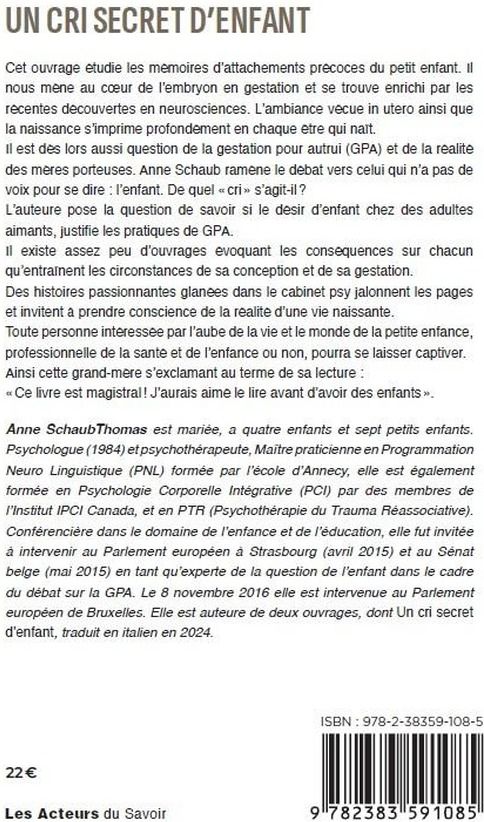 Quatrième de couverture de « Un cri secret d'enfant : attachement mère-enfant , mémoires précoces, séparation-abandon »
