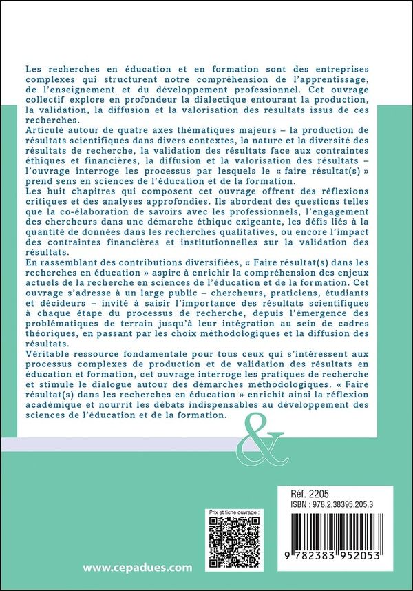Quatrième de couverture de « Faire résultat(s) dans les recherches en éducation : pour quoi ? Avec qui ? Comment ? »