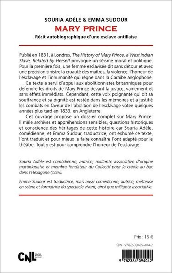 Quatrième de couverture de « MARY PRINCE - RECIT AUTOBIOGRAPHIQUE D'UNE ESCLAVE ANTILLAISE »