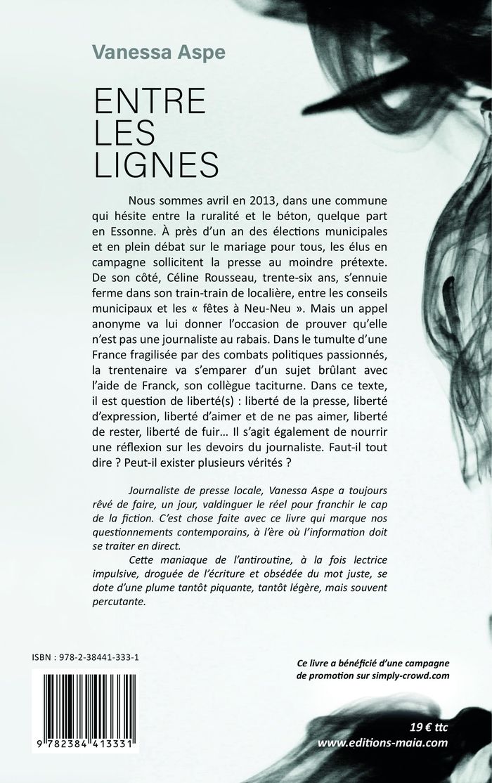 Couverture du livre « ENTRE LES LIGNES » de Vanessa Aspe, librairie Les Contes Infusés à Corte