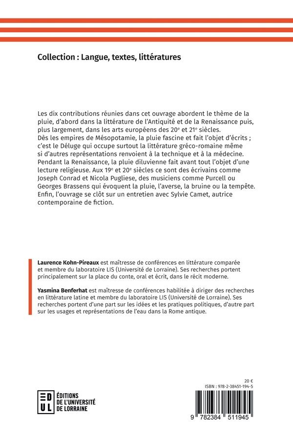 Quatrième de couverture de « Déluge ou simple averse ? : regards croisés sur la pluie dans l'imaginaire européen »