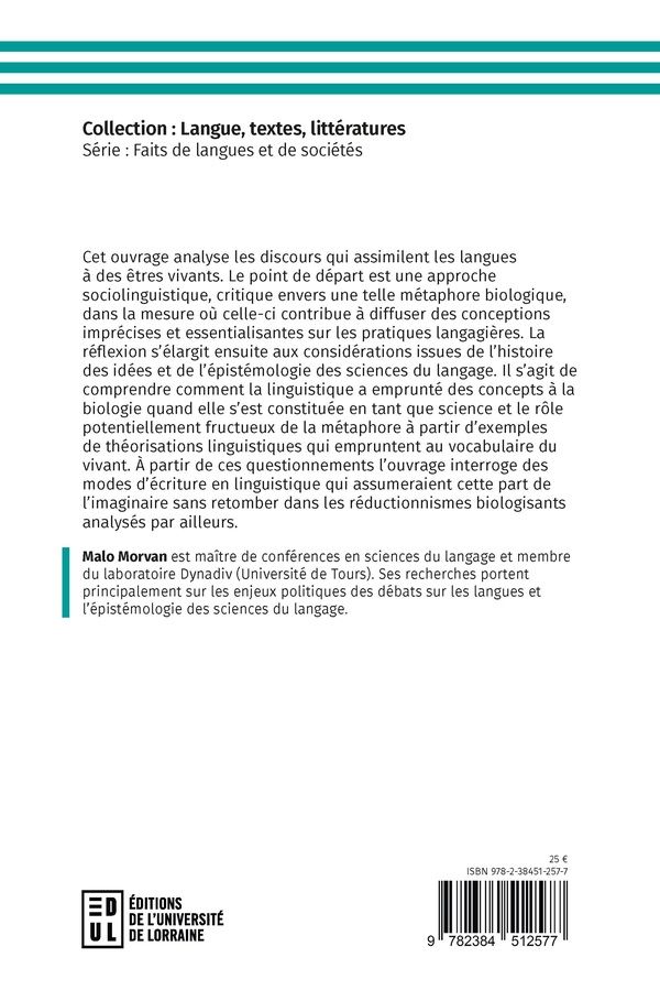 Quatrième de couverture de « LA METAPHORE BIOLOGIQUE DANS LES DISCOURS SUR LES LANGUES »