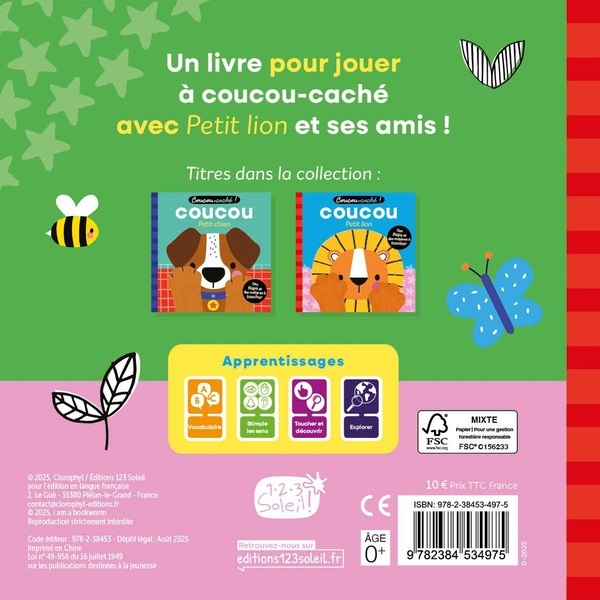 Quatrième de couverture de « Coucou petit lion : des flaps et des matières à toucher »