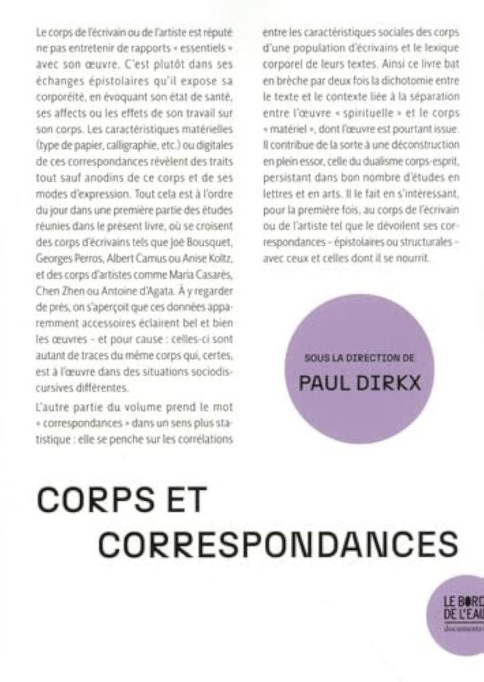 Couverture du livre « Corps et correspondances » de Paul Dirkx, librairie Les Contes Infusés à Corte