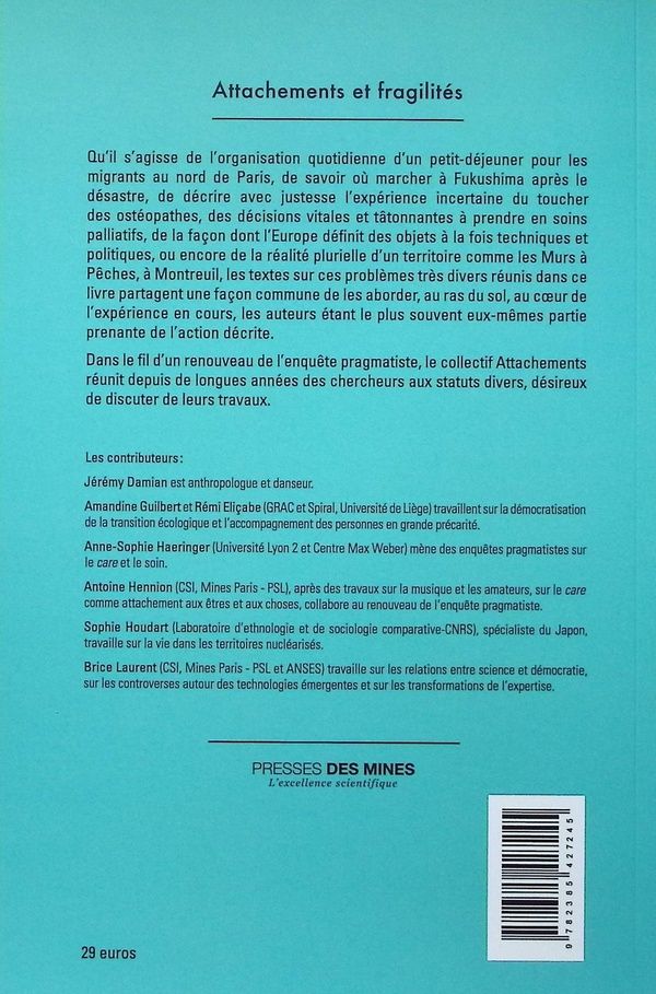Quatrième de couverture de « Attachements et fragilités : écrire dans le cours des choses »