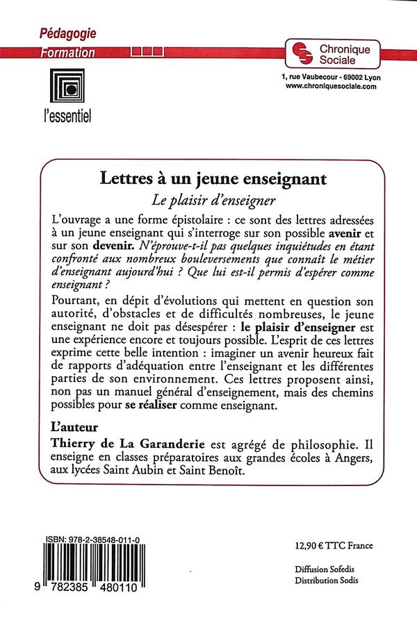 Quatrième de couverture de « Lettres à un jeune enseignant : le plaisir d'enseigner »