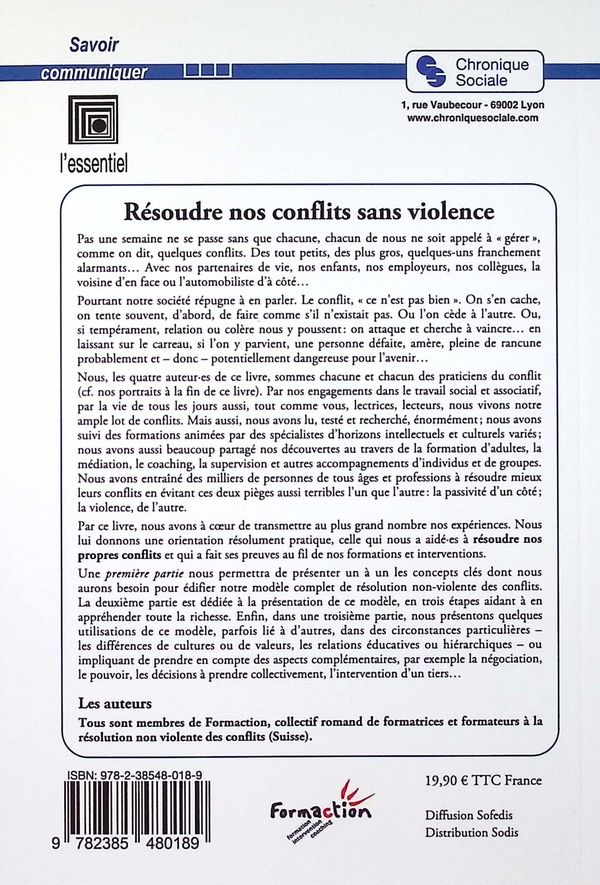 Quatrième de couverture de « Résoudre nos conflits sans violence : manuel très pratique »