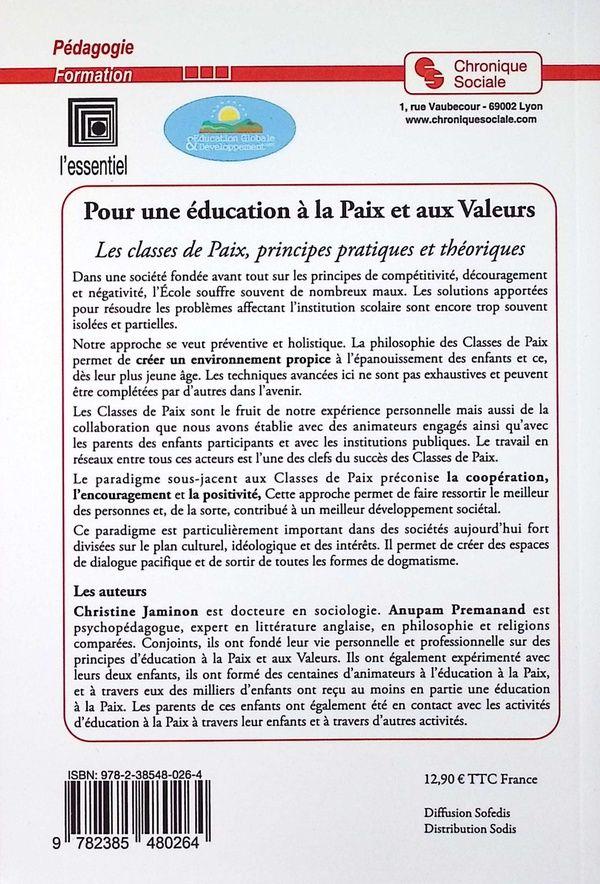 Quatrième de couverture de « Pour une éducation à la paix et aux valeurs : les classes de paix, principes pratiques et théoriques »