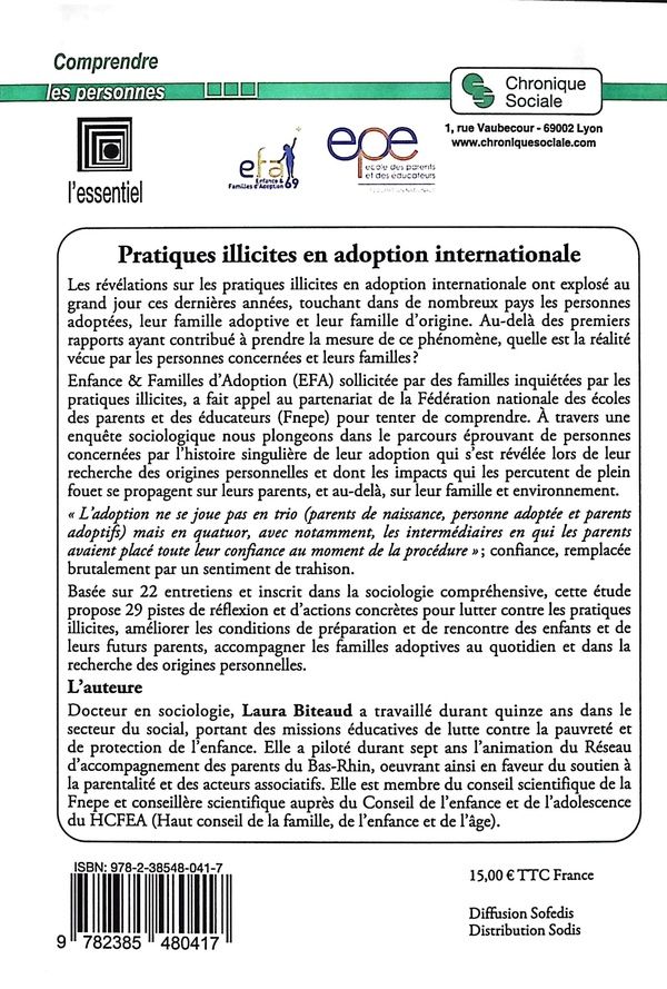 Quatrième de couverture de « Pratiques illicites en adoption internationale : réalité complexe aux répercussions multiples, entre confiance et trahison »