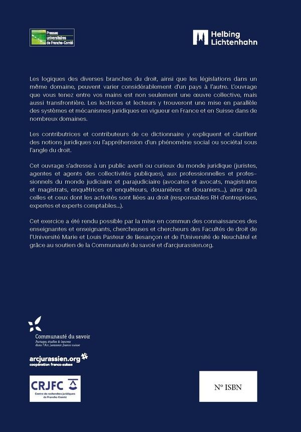 Quatrième de couverture de « Dictionnaire juridique éclectique franco-suisse »