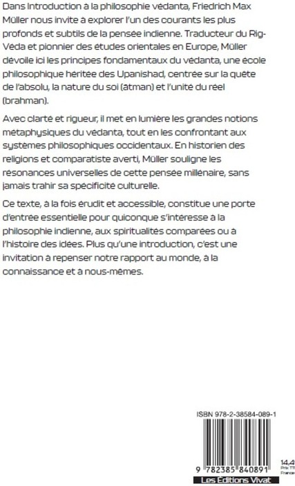 Quatrième de couverture de « Introduction à la philosophie védanta : trois conférences faites à l'Institut royal en mars 1894 »