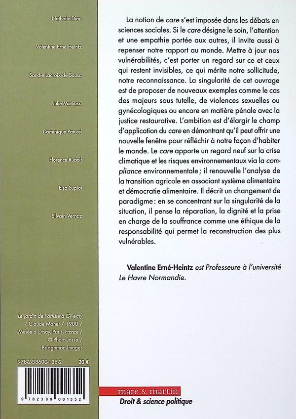 Quatrième de couverture de « Environnement, éthique et care : de la vulnérabilité au soin, regards réflexifs sur le care »
