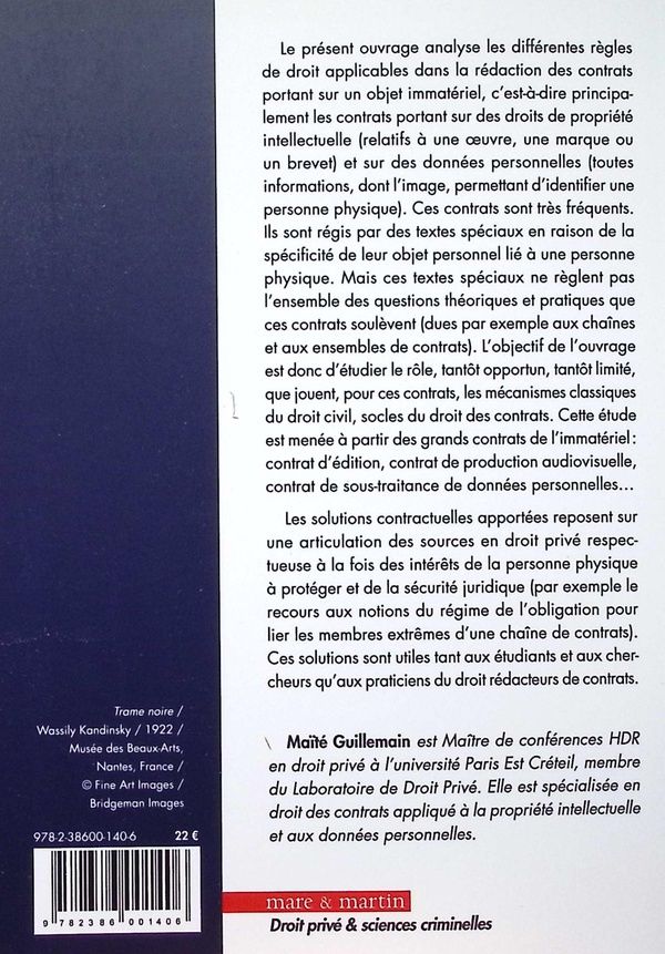 Quatrième de couverture de « L'application du droit civil aux contrats de l'immatériel »