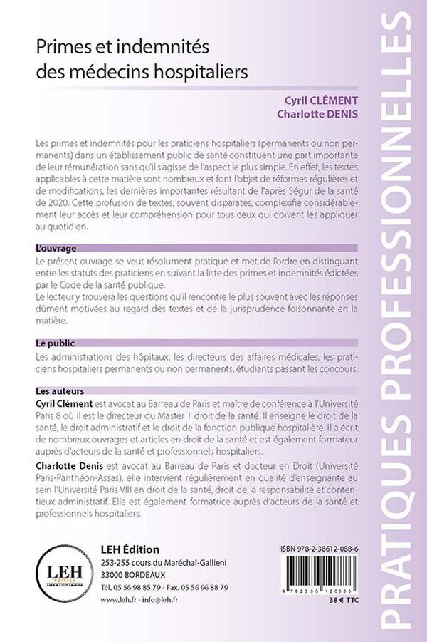 Quatrième de couverture de « Primes et indemnités des médecins hospitaliers : questions-réponses »
