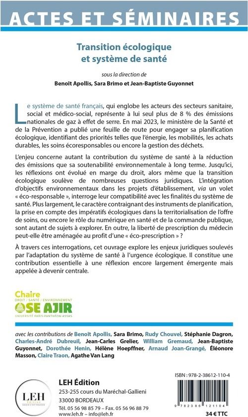Quatrième de couverture de « Transition écologique et système de santé »