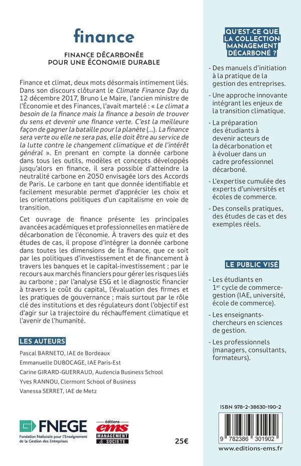 Quatrième de couverture de « Finance : finance décarbonée pour une économie durable »