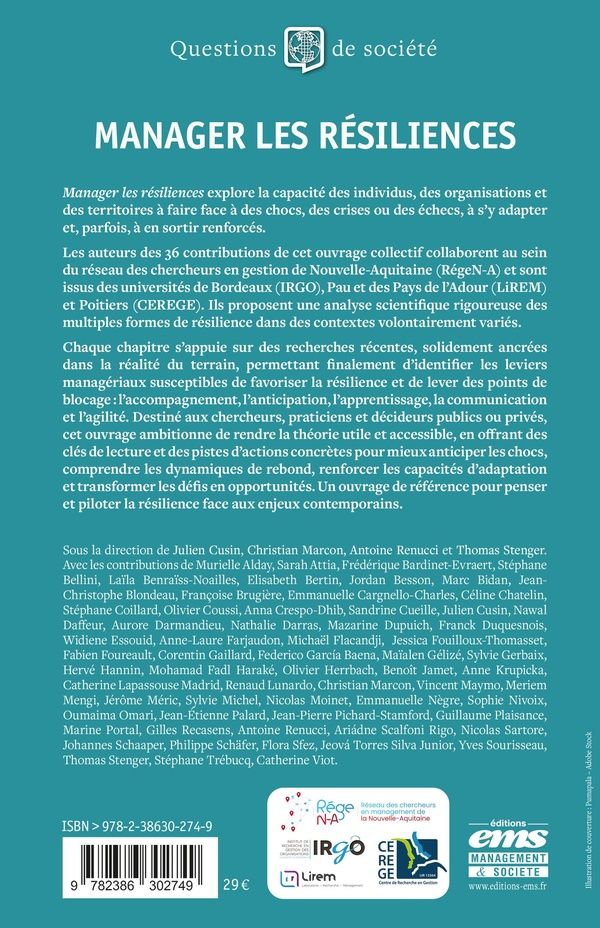 Quatrième de couverture de « Manager les résiliences »