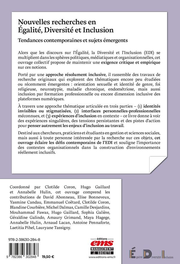 Quatrième de couverture de « Nouvelles recherches en égalité, diversité et inclusion : tendances contemporaines et sujets émergents »