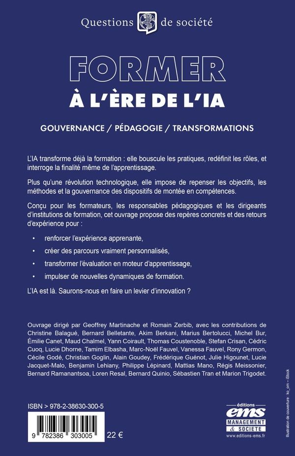 Quatrième de couverture de « Former à l'ère de l'IA : gouvernance, pédagogie, transformations »