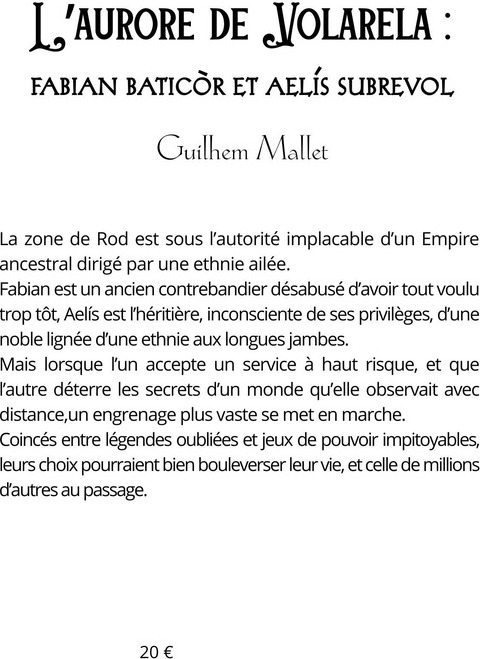 Quatrième de couverture de « L'aurore de Volarela : Fabian Baticòr et Aelís Subrevol »