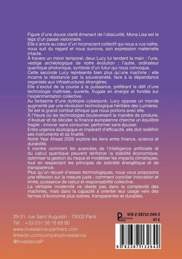 Quatrième de couverture de « The year ahead 2026 : et si Lisa s'appelait Lucie ? Durabilité et frugalité à l'ère de l'IA et du quantique »