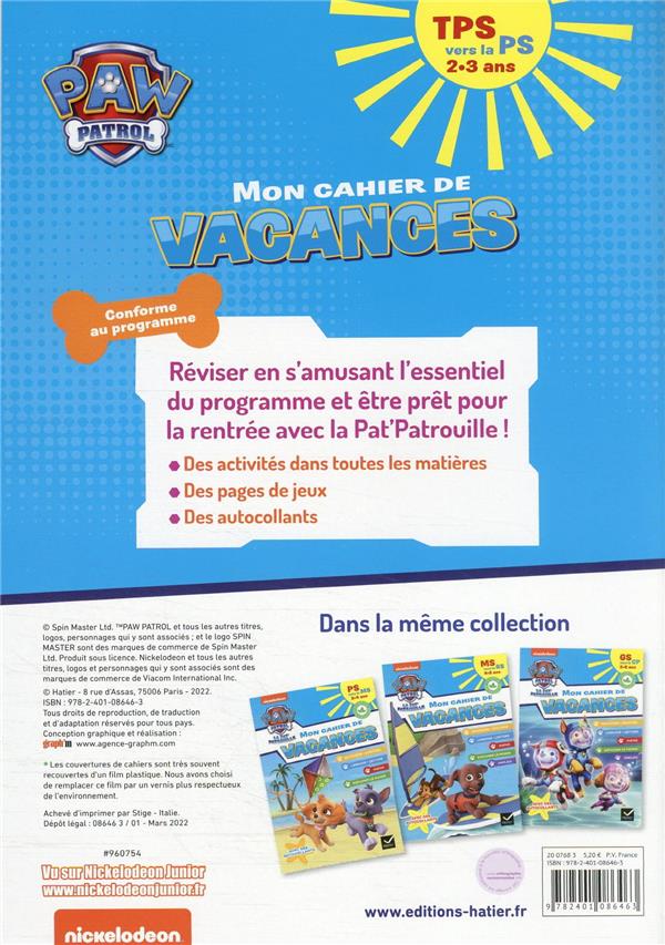 Quatrième de couverture de « CAHIER DE VACANCES 2026 - PAT'PATROUILLE - TPS VERS LA PS 2/3 ANS »
