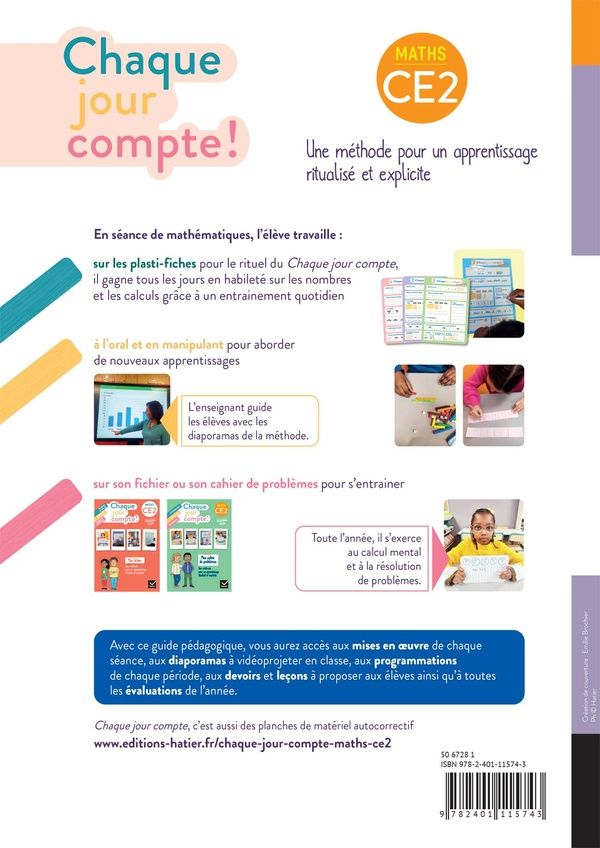 Quatrième de couverture de « CHAQUE JOUR COMPTE - MATHS CE2 - ED. 2025 - GUIDE BI-MEDIA AVEC DIAPORAMAS »