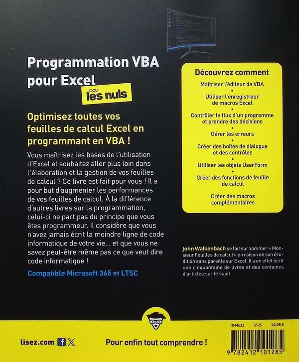 Quatrième de couverture de « Programmation VBA pour Excel pour les nuls : Excel 2013, 2016, 2019, 2021 & 2024 »