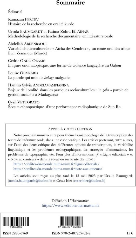 Quatrième de couverture de « REVUE DES ORALITES DU MONDE N. 3-4 - VARIA 2E SEMESTRE 2024 »
